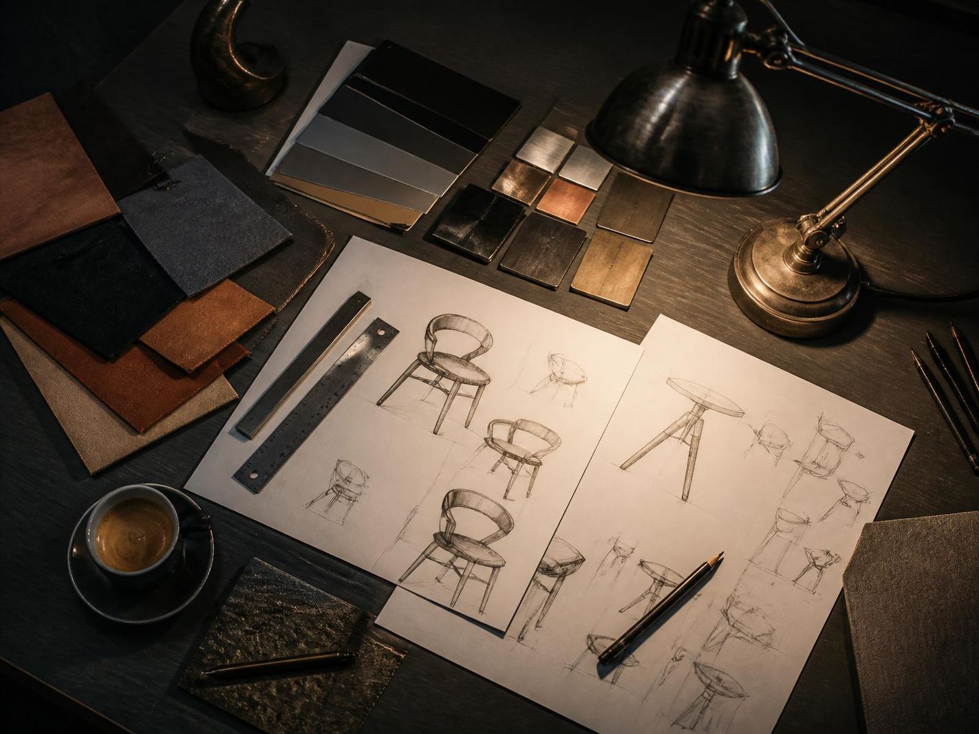 Atelier-Schreibtisch mit Skizzen, Materialmustern und warmem Werkstattlicht
